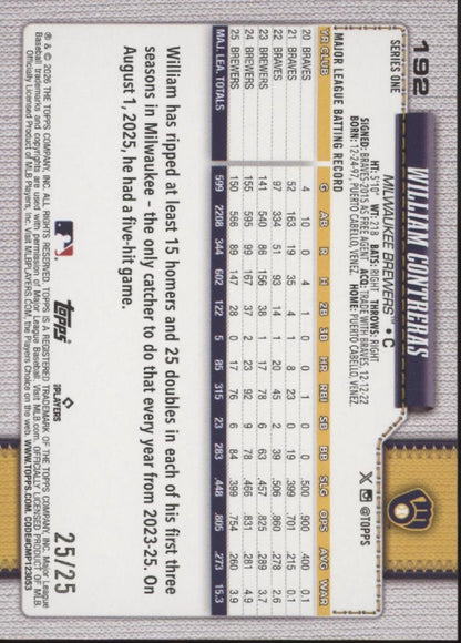 William Contreras 2026 Topps Series 1 Orange Diamante Foil 25/25 #192