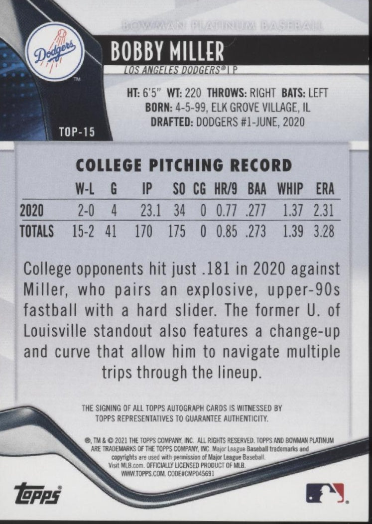 Bobby Miller 2021 Bowman Platinum Red Auto 09/10 #TOP-15