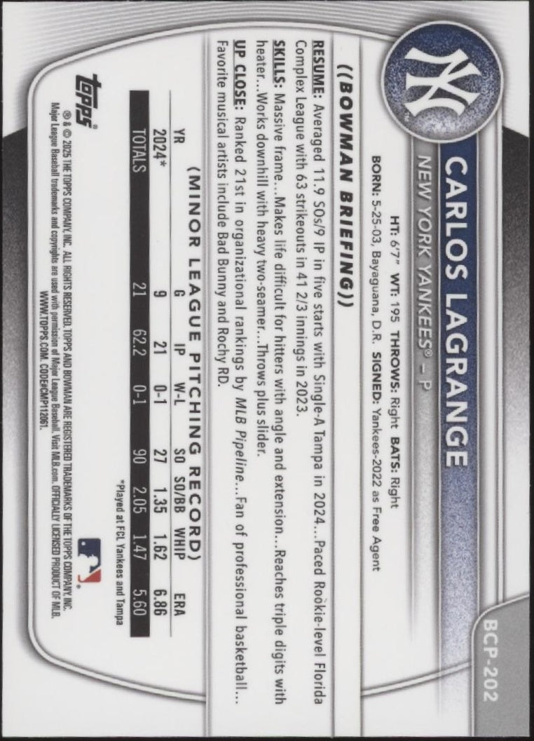 Carlos Lagrange 2025 Bowman Chrome Prospects Purple Wave Refractor 005/250