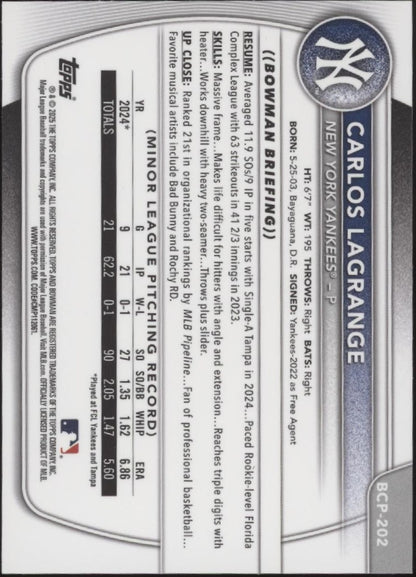 Carlos Lagrange 2025 Bowman Chrome Prospects Purple Wave Refractor 005/250