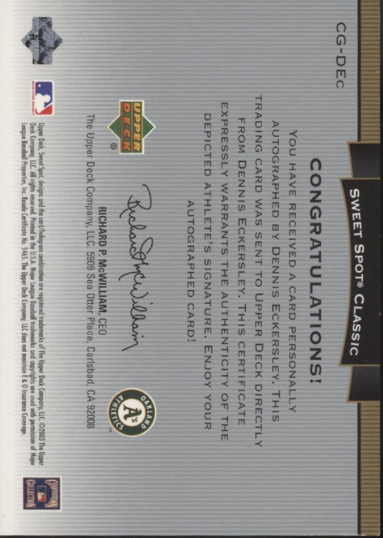 Dennis Eckersley 2003 Upper Deck Sweet Spot Classic Greats Ball Relic Auto