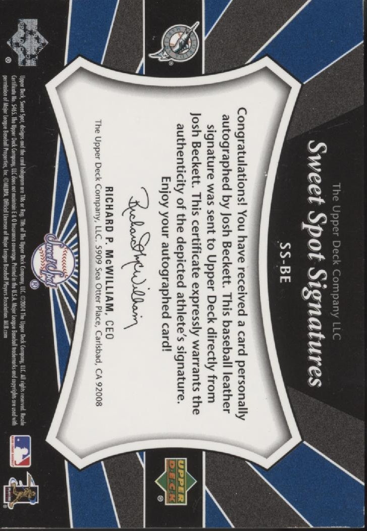 Josh Beckett 2004 Upper Deck Sweet Spot Signatures Ball Relic Auto 42/45