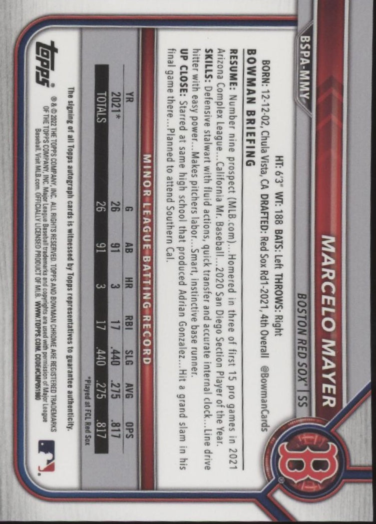 Marcelo Mayer 2022 Bowman Chrome Prospects Blue Ice Refractor Auto #BSPA-MMY