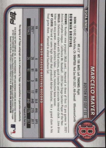 Marcelo Mayer 2022 Bowman Chrome Prospects Blue Ice Refractor Auto #BSPA-MMY