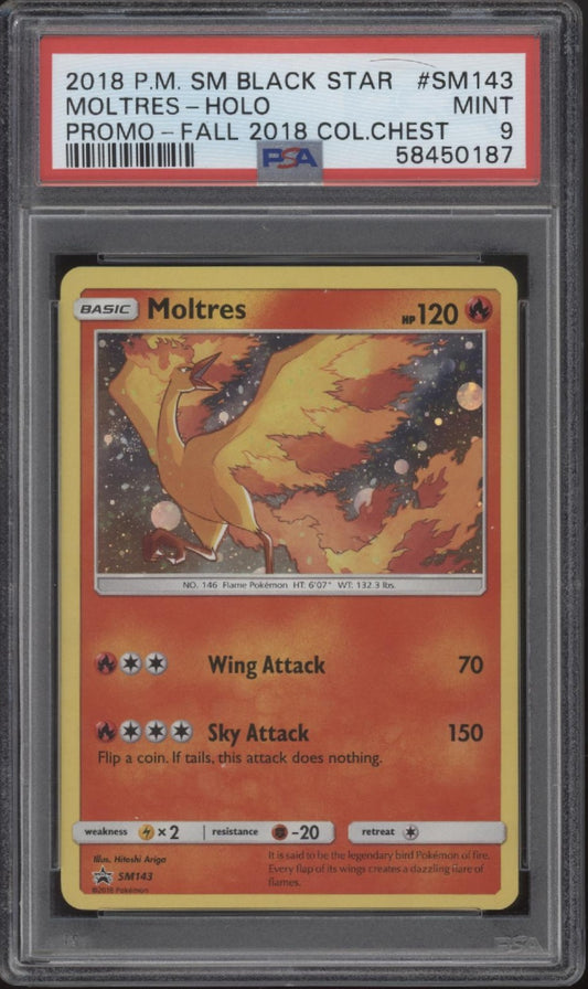 Moltres Pokemon Fall 2018 Collector Chest Holo Promo #SM143 PSA 9