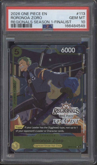 Roronoa Zoro One Piece Card Game Regionals Season 1 Finalist #113 PSA 10