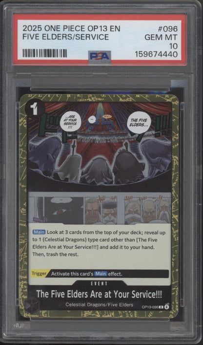 Five Elders at Your Service!!! One Piece Card Game OP13 #096 PSA 10