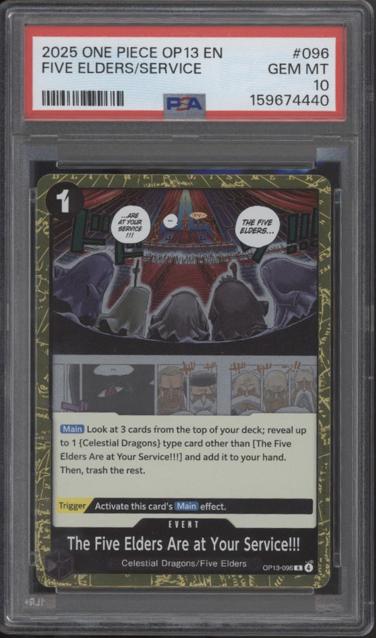 Five Elders at Your Service!!! One Piece Card Game OP13 #096 PSA 10