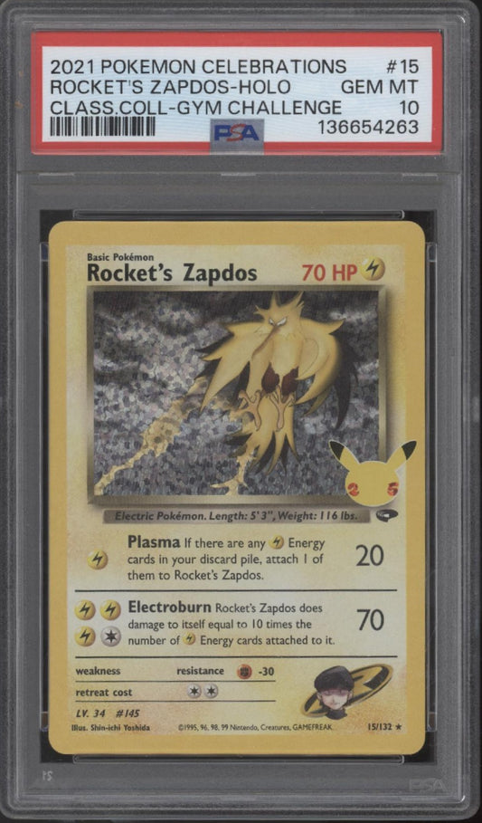 Rocket's Zapdos Pokemon Celebration Classic Collection Gym Challenge Holo PSA 10