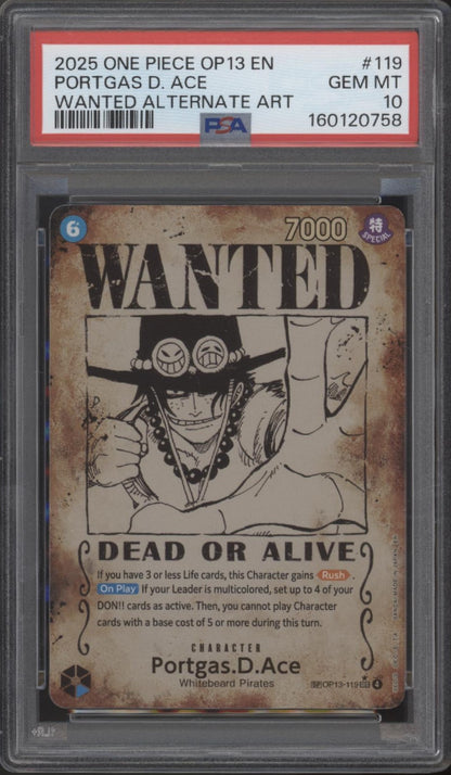 Portgas D Ace One Piece Card Game OP13 Wanted Alternate Art #119 PSA 10 #2