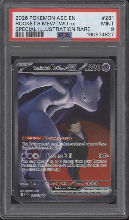Team Rocket's Mewtwo ex Pokemon Ascended Heroes Special Illustration Rare PSA 9