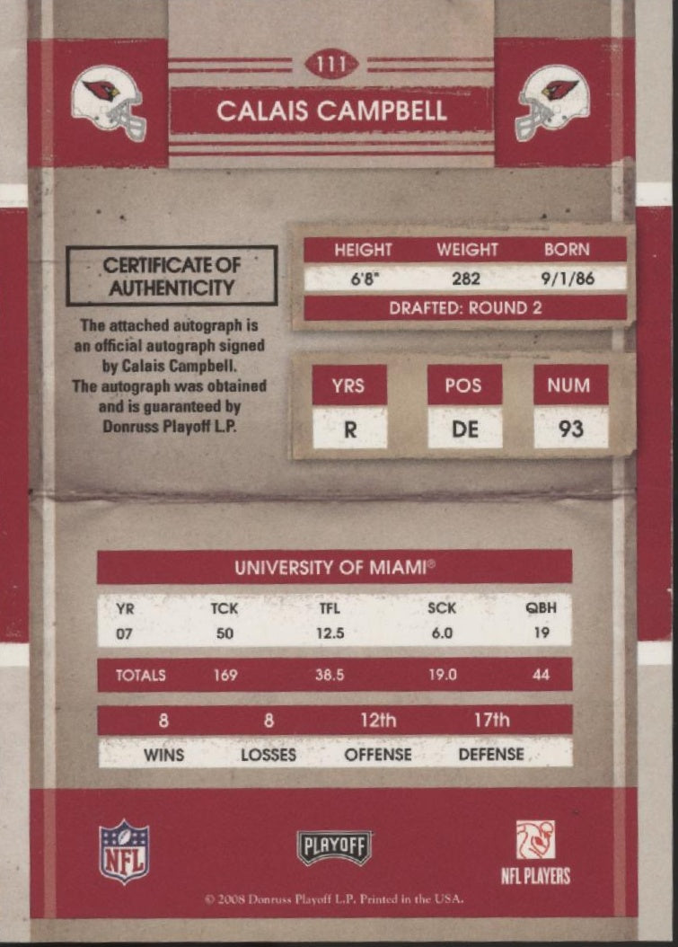Calais Campbell 2008 Playoff Contenders Rookie Ticket RC Auto #111