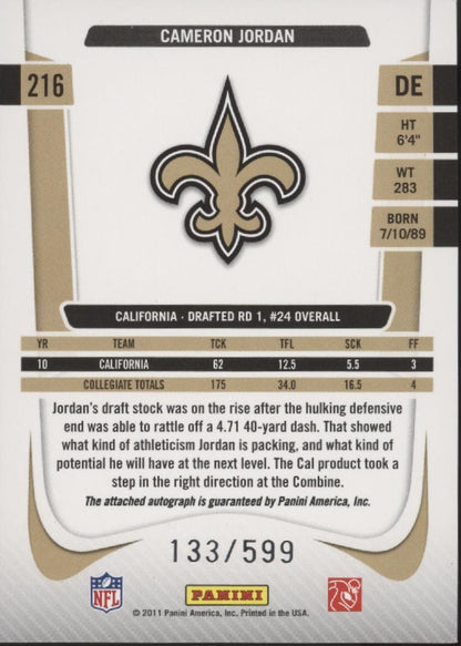 Cameron Jordan 2011 Panini Prestige Draft Picks RC Auto 133/599 #216