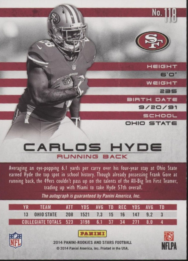 Carlos Hyde 2014 Panini Rookies & Stars RC Auto 01/10 #118