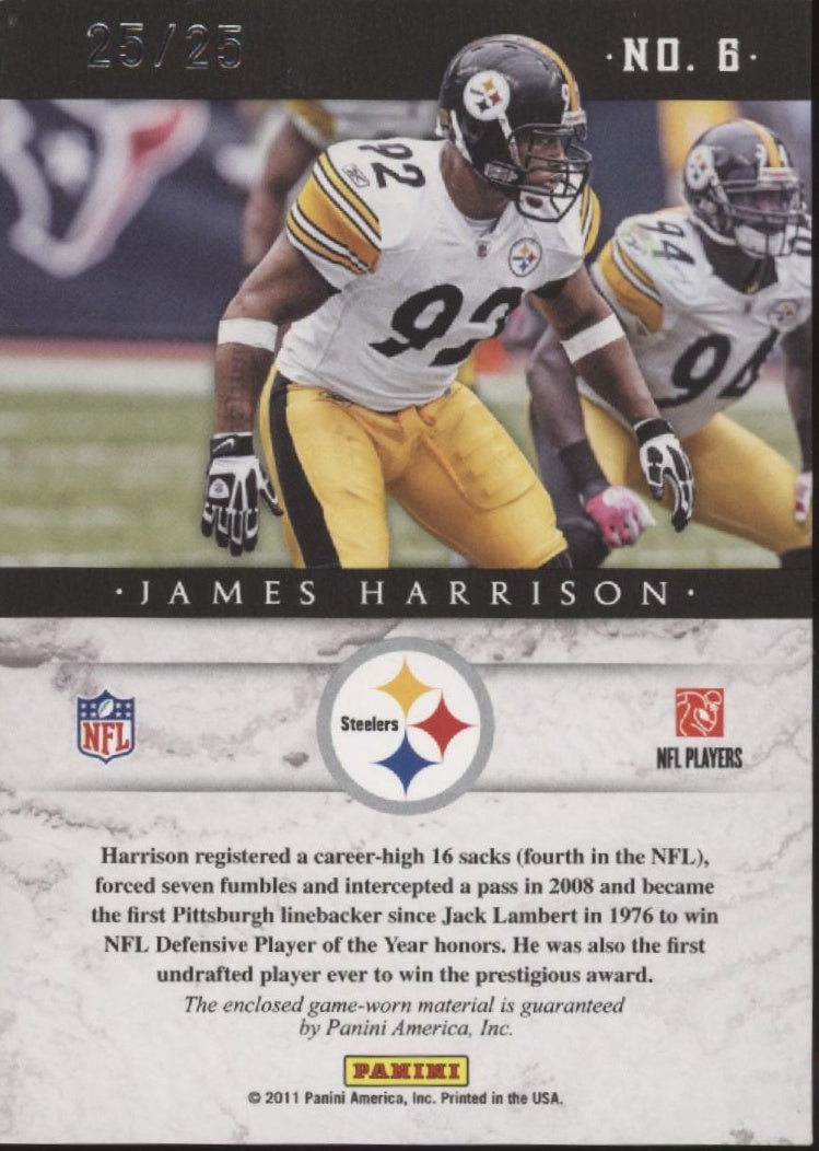 James Harrison 2011 Panini Plates & Patches Honors Swatch 25/25 #6