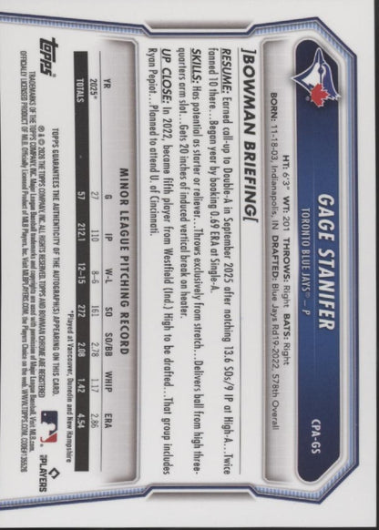 Gage Stanifer 2026 Bowman Chrome Mojo Refractor Auto 133/150 #CPA-GS