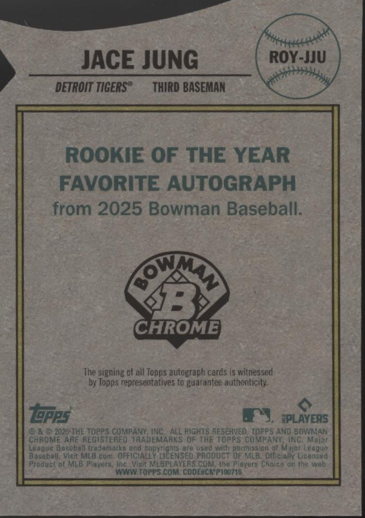 Jace Jung 2025 Bowman Chrome Rookie of the Year Favorites Die-Cut RC Auto 23/150