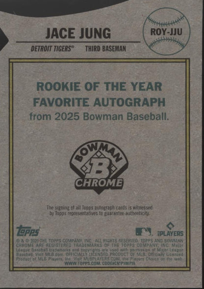 Jace Jung 2025 Bowman Chrome Rookie of the Year Favorites Die-Cut RC Auto 23/150