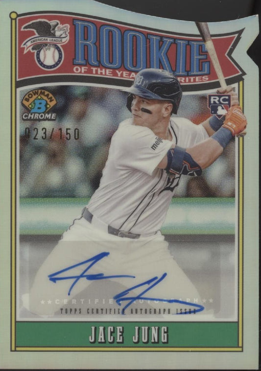 Jace Jung 2025 Bowman Chrome Rookie of the Year Favorites Die-Cut RC Auto 23/150