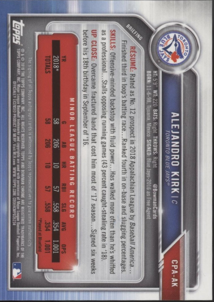 Alejandro Kirk 2019 Bowman Chrome Auto #CPA-AK