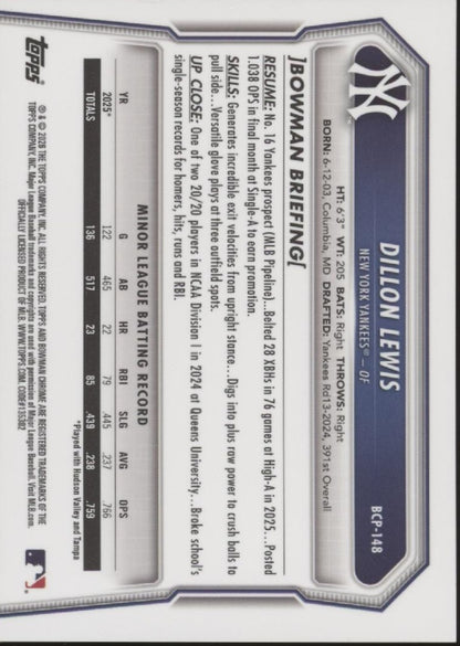 Dillon Lewis 2026 Bowman Chrome Rose Gold Refractor 10/15 #BCP-148