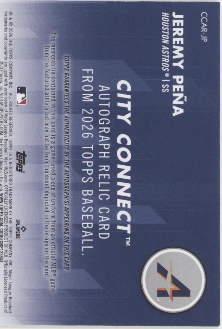 Jeremy Pena 2026 Topps City Connect Swatch Auto 45/50 #CCAR-JP