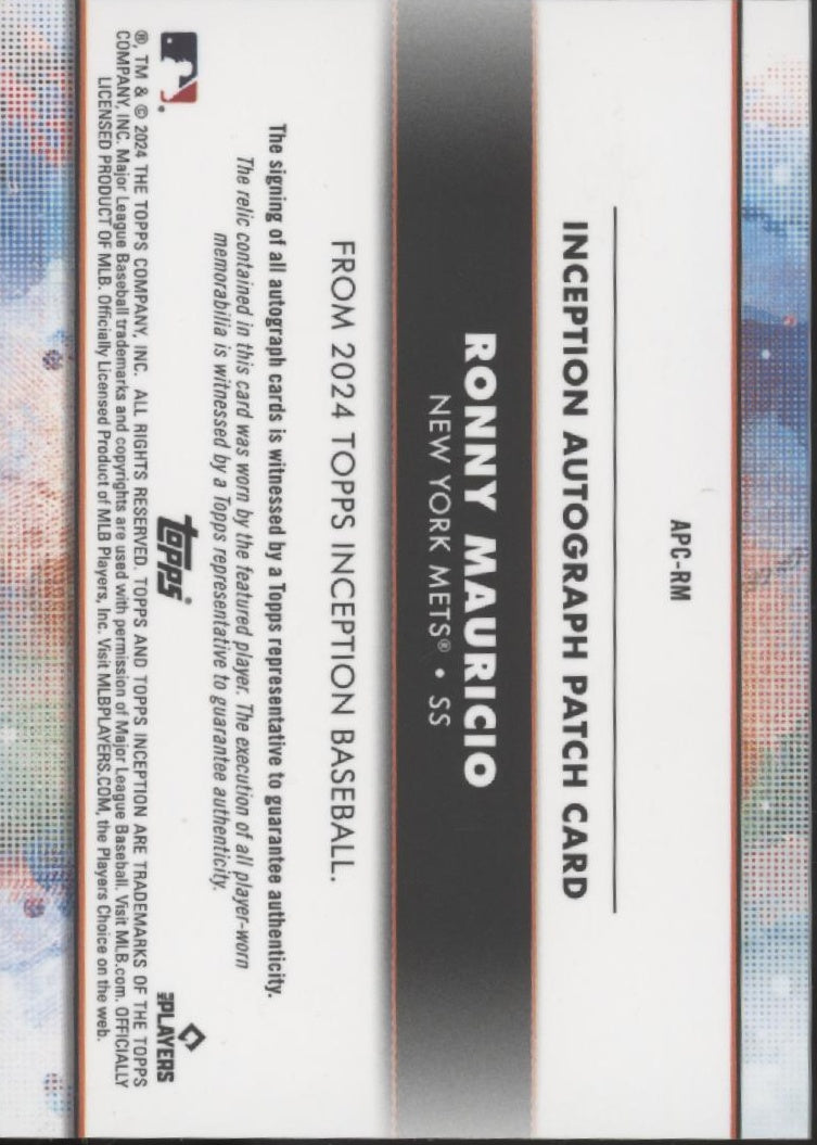 Ronny Mauricio 2024 Topps Inception Green Swatch Auto 27/99 #APC-RM