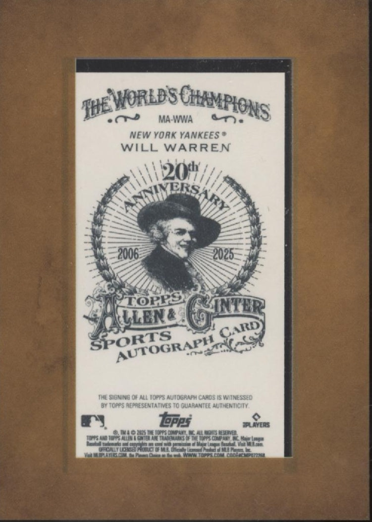 Will Warren 2025 Topps Allen & Ginter Mini Framed RC Auto #MA-WWA