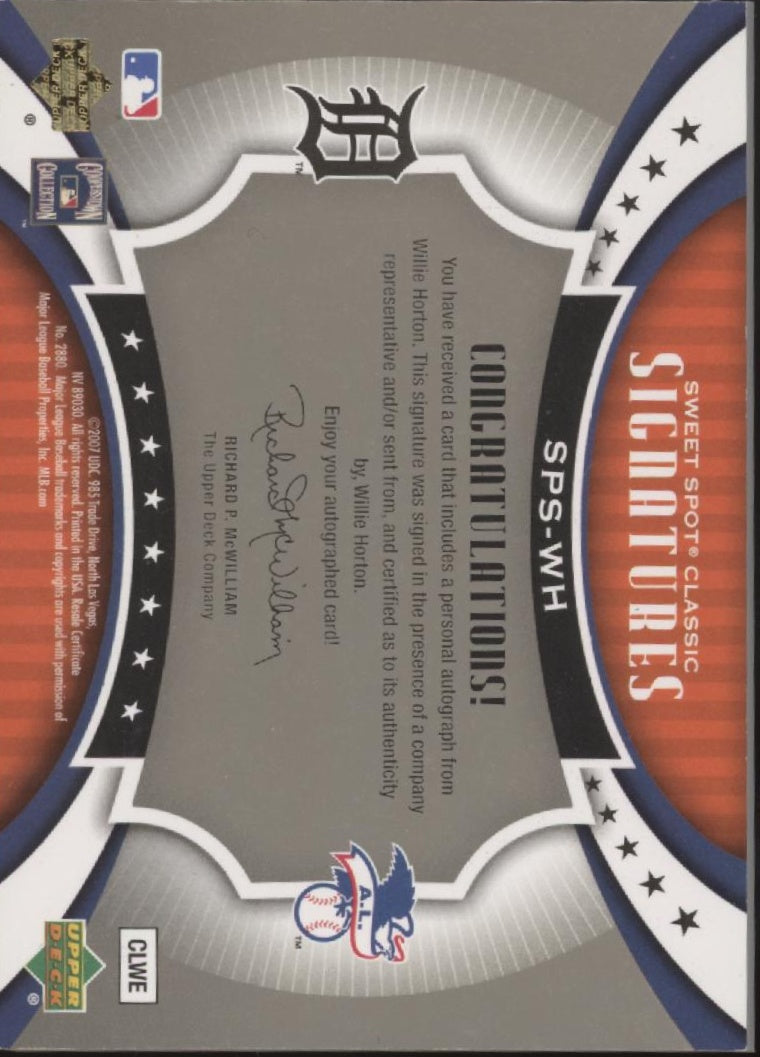 Willie Horton 2007 Upper Deck Sweet Spot Classic Relic Auto 149/175 #SPS-WH