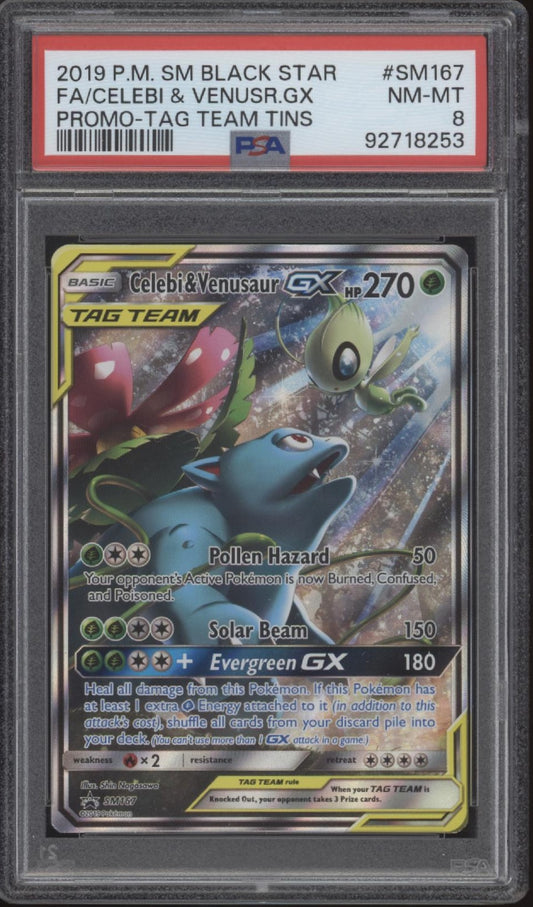Celebi & Venusaur GX Pokemon Tag Team Tins Promo Full Art #SM167 PSA 8