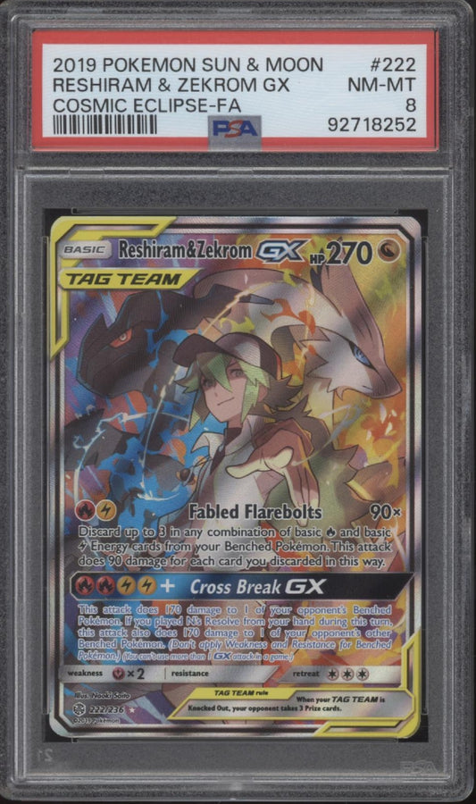 Reshiram & Zekrom GX Pokemon Cosmic Eclipse Full Art #222 PSA 8