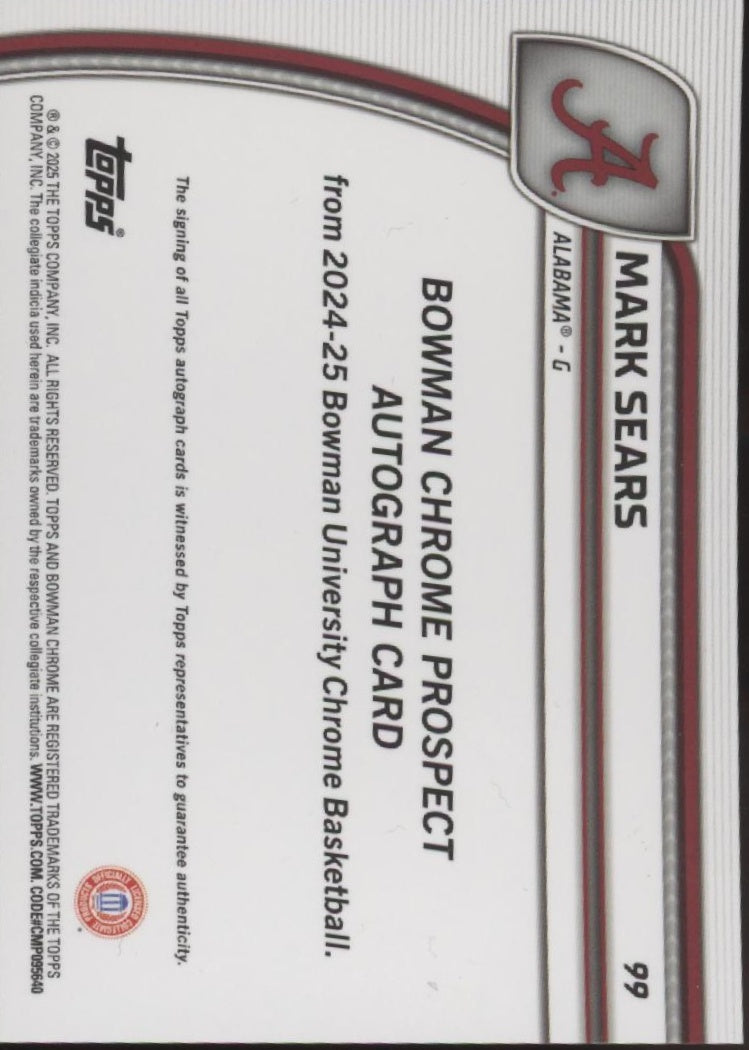 Mark Sears 2024-25 Bowman Chrome University Shock Refractor Auto #99