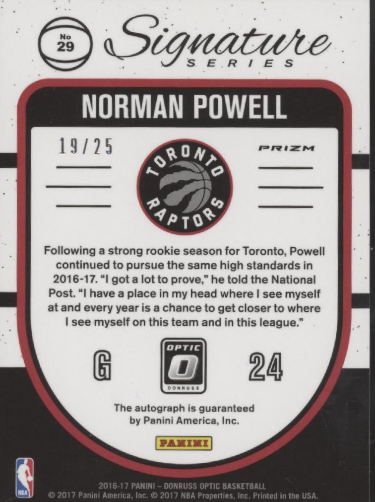 Norman Powell 2016-17 Donruss Optic Signature Series Blue Prizm Auto 19/25