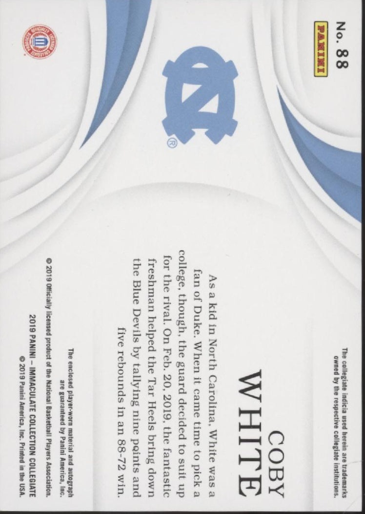 Coby White 2019 Panini Immaculate Collection Swatch RC Auto 07/99 #88