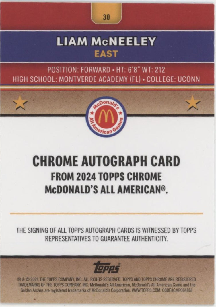 Liam McNeeley 2024 Topps Chrome McDonald's All American Gold Auto 08/50 #30