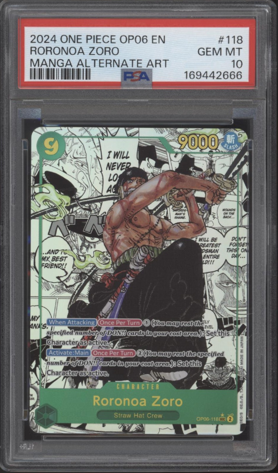 Roronoa Zoro One Piece Card Game Manga Alternate Art #118 PSA 10