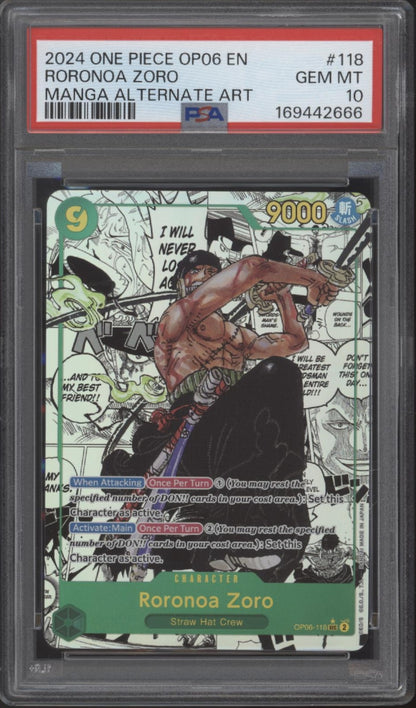 Roronoa Zoro One Piece Card Game Manga Alternate Art #118 PSA 10