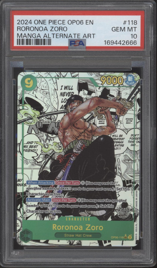 Roronoa Zoro One Piece Card Game Manga Alternate Art #118 PSA 10