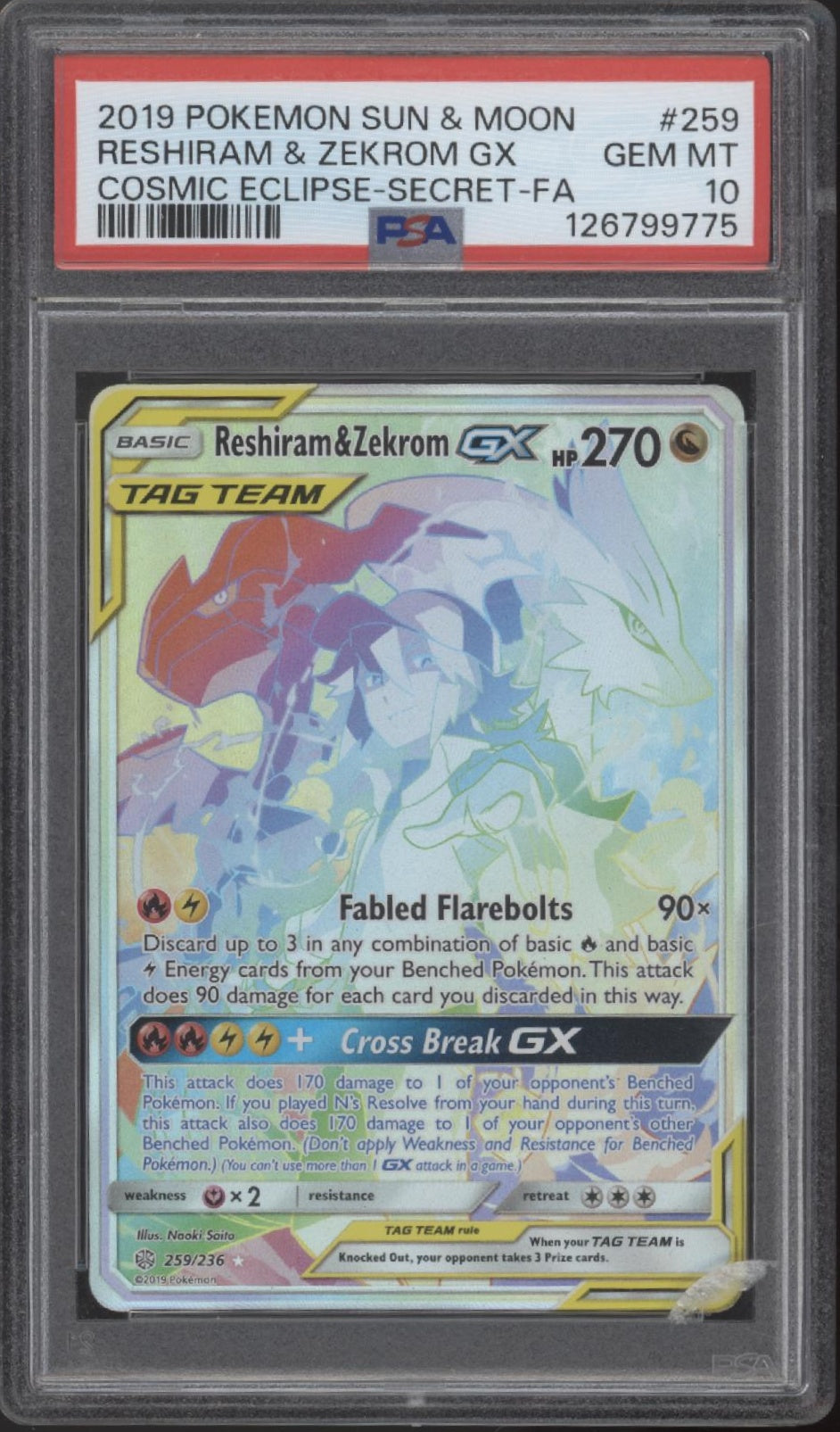 Reshiram & Zekrom GX Pokemon Cosmic Eclipse Secret Full Art #259 PSA 10