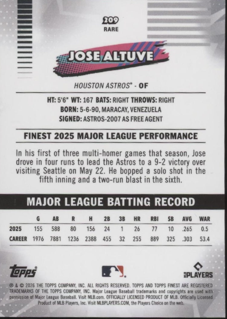Jose Altuve 2026 Topps Finest Gold Checkerboard Refractor 10/50 #209