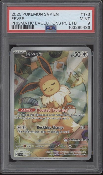Eevee Pokemon Prismatic Evolutions Pokemon Center Elite Trainer Box #173 PSA 9