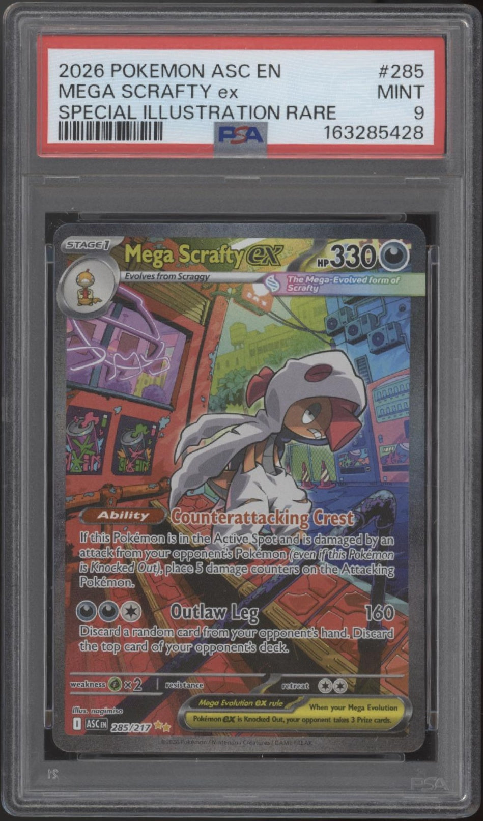 Mega Scrafty ex Pokemon Ascended Heroes Special Illustration Rare #285 PSA 9