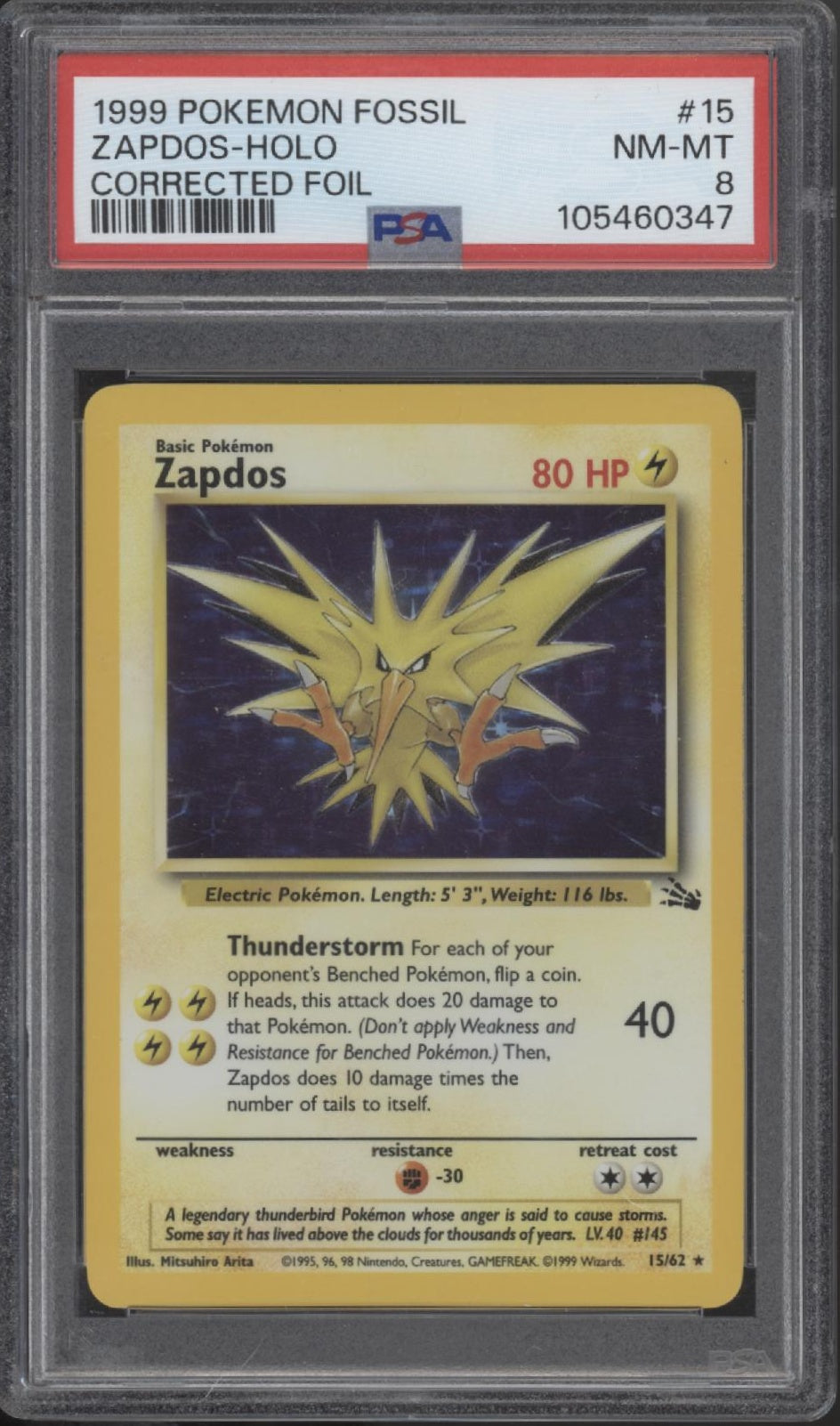 Zapdos Pokemon Fossil Corrected Foil Holo #15 PSA 8