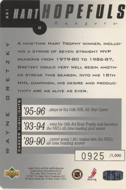 Wayne Gretzky 1997-98 Upper Deck Hart Hopefuls 0925/1000 #HH1