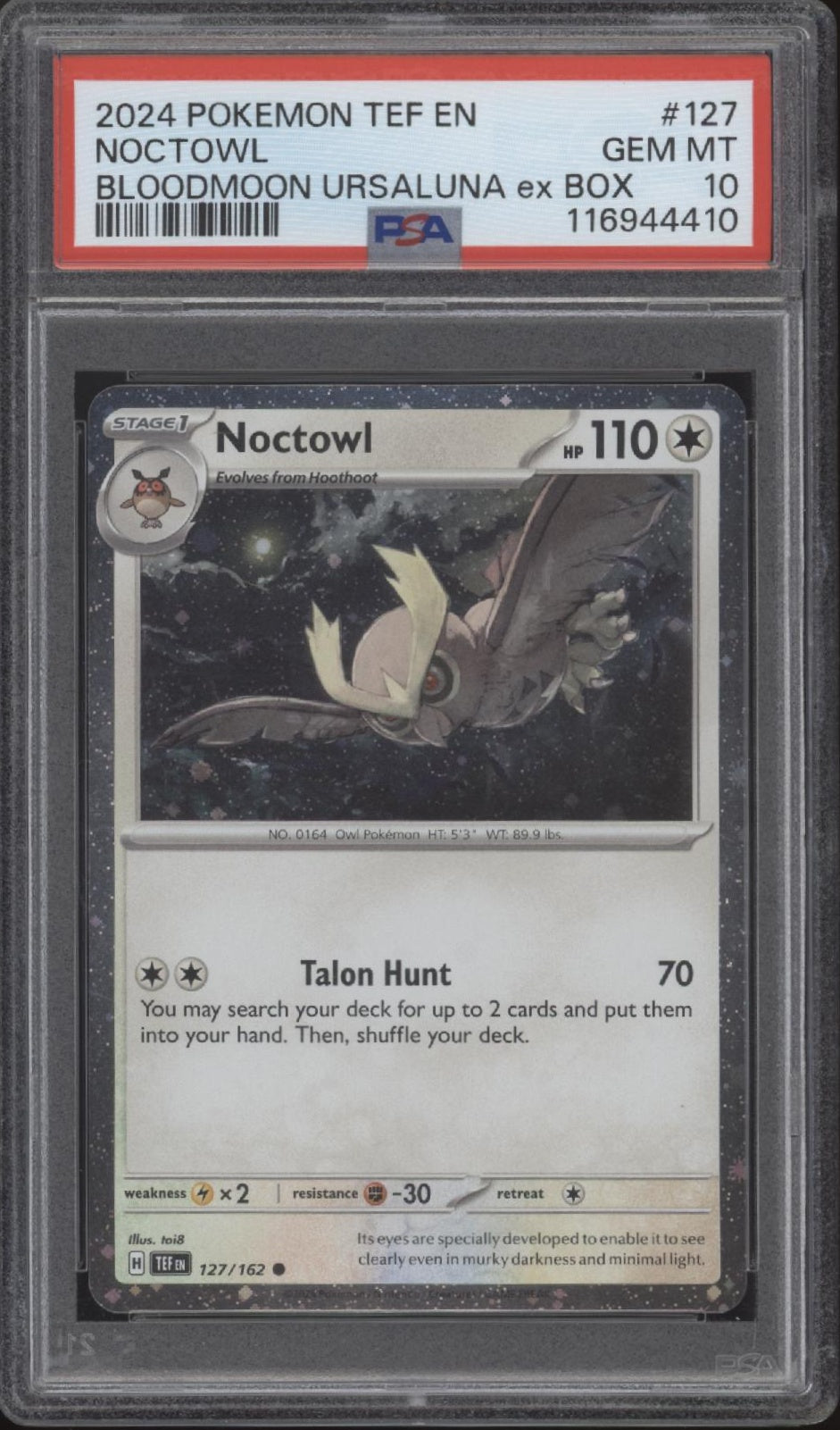 Noctowl Pokemon Temporal Forces Bloodmoon Ursaluna ex Box #127 PSA 10