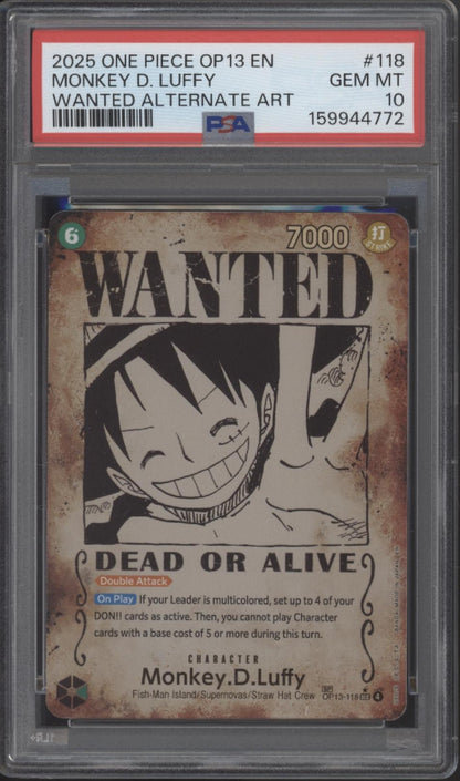 Monkey D Luffy One Piece Card Game OP13 Wanted Alternate Art #118 PSA 10
