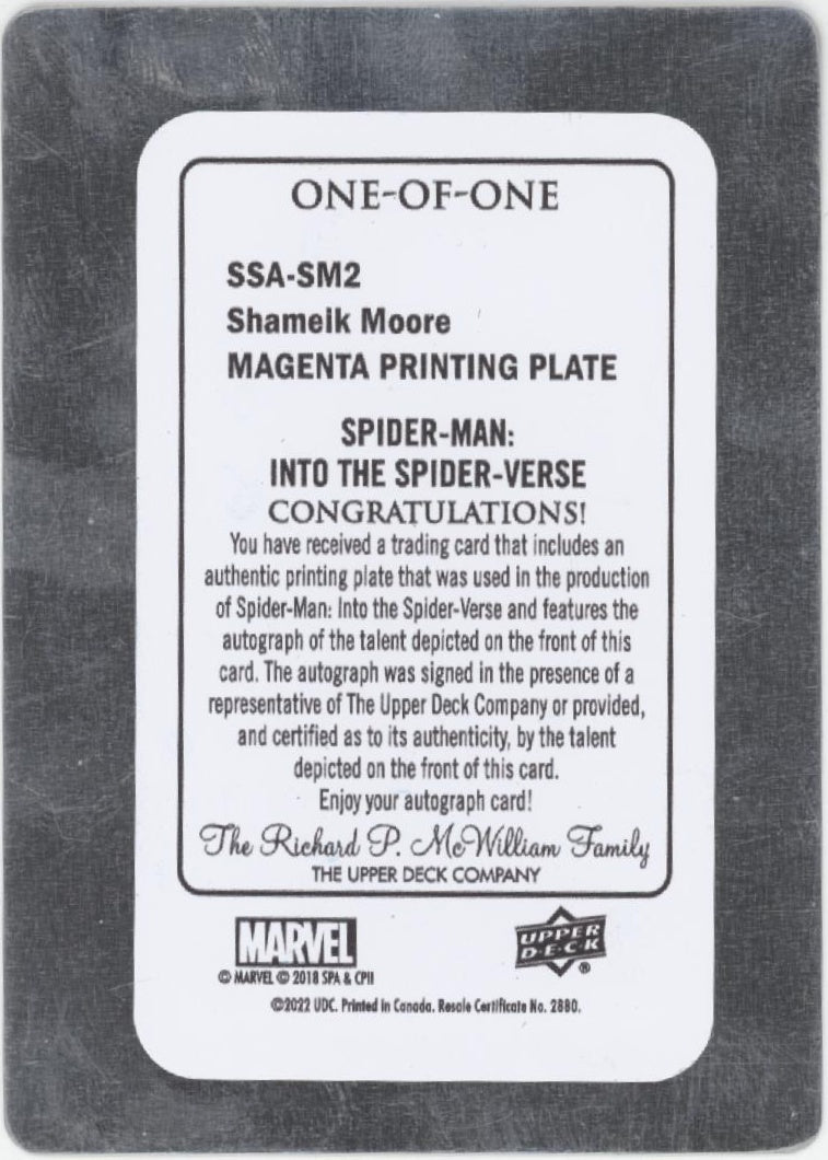 Shamelk Moore 2022 Upper Deck Marvel Spider-Man Magenta Printing Plate Auto 1/1