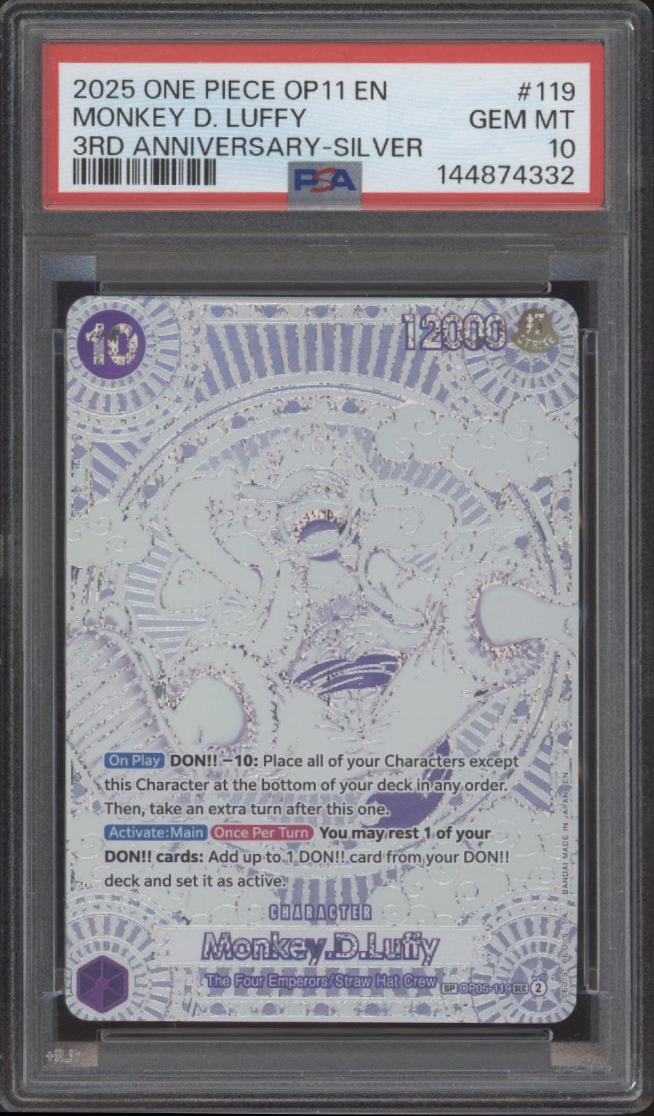 Monkey D Luffy One Piece Card Game OP11 3rd Anniversary Silver #119 PSA 10