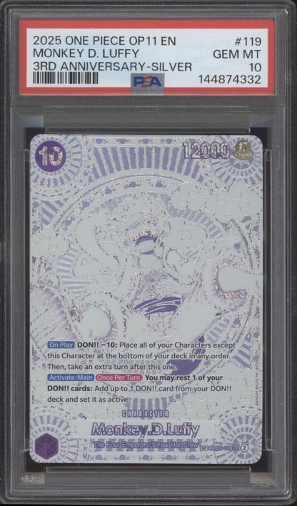Monkey D Luffy One Piece Card Game OP11 3rd Anniversary Silver #119 PSA 10