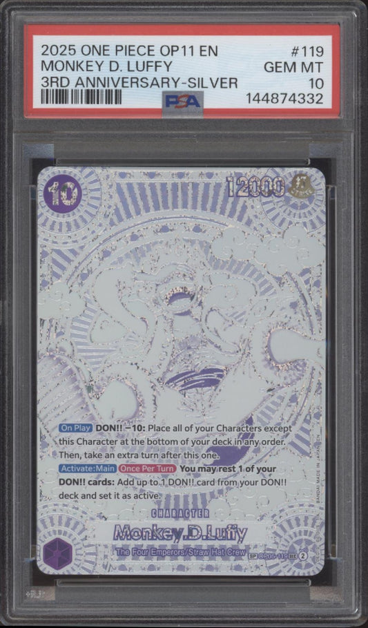 Monkey D Luffy One Piece Card Game OP11 3rd Anniversary Silver #119 PSA 10